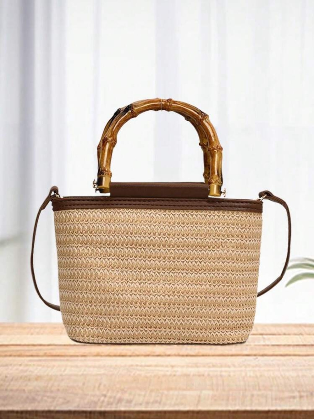 Natural Straw Tote with Bamboo Handle and Brown Trim